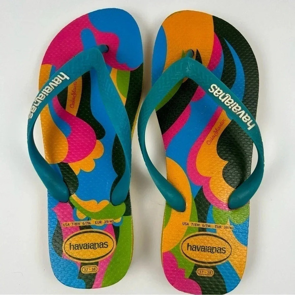Havaianas Women's Top Fashion Flip Flops Multicolor Tropical Bird Print Size 8 - Picture 1 of 7